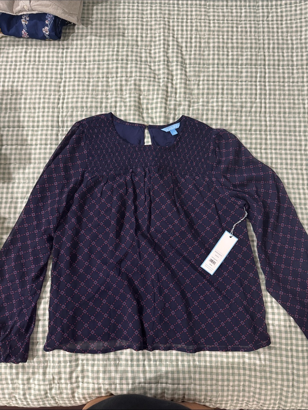 Draper James Navy Blouse with Pink Geometric Print